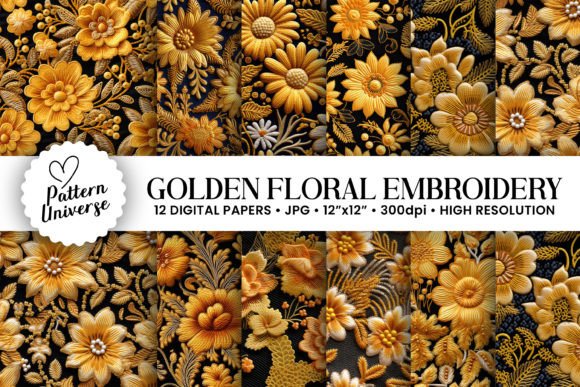 Gold Flowers Embroidery Digital Papers