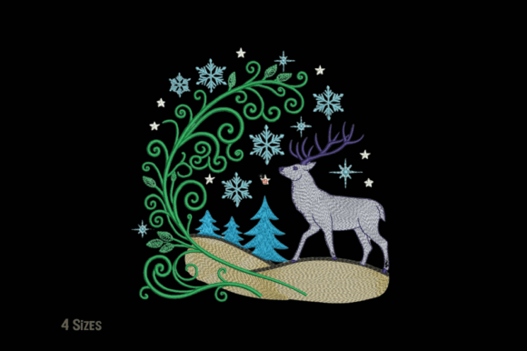 Gray Deer Winter Scene Embroidery Design