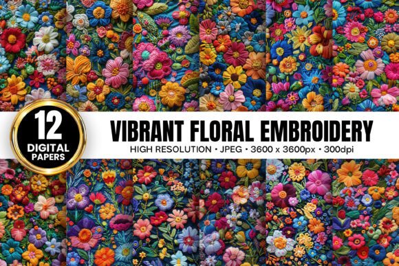 Vibrant Floral Embroidery Digital Papers